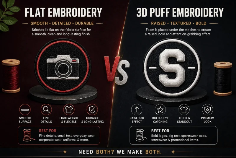 Flat embroidery vs 3D puff embroidery comparison