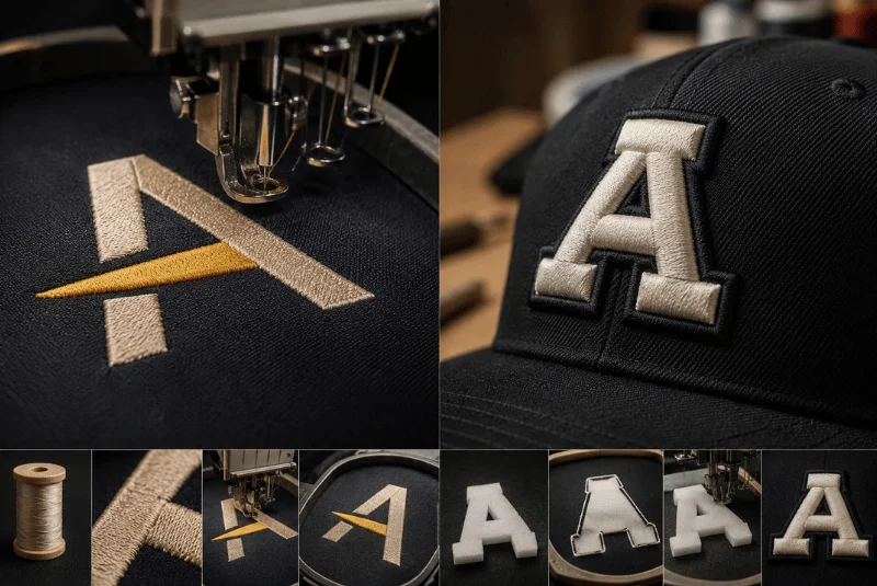 Flat vs puff embroidery process on machine and cap