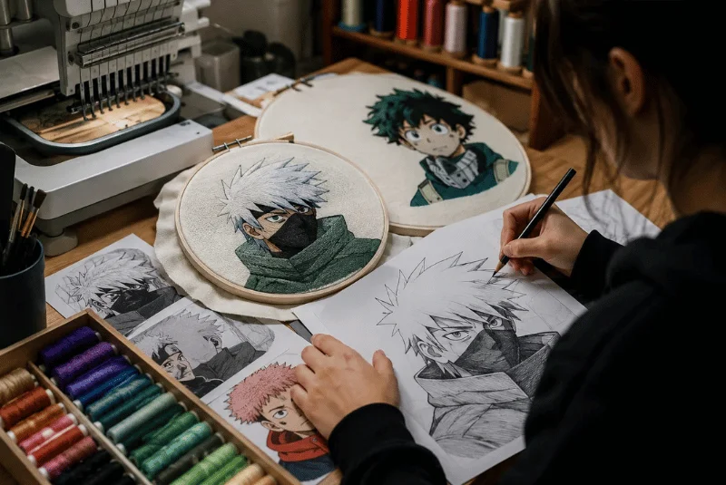 Anime embroidery design process